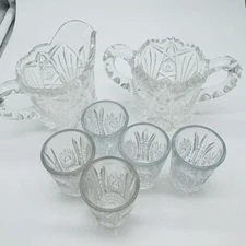 VTG Pressed Glass Toy Lemonade Set - Pitcher Bowl & 6 Cups - Starburst Partern