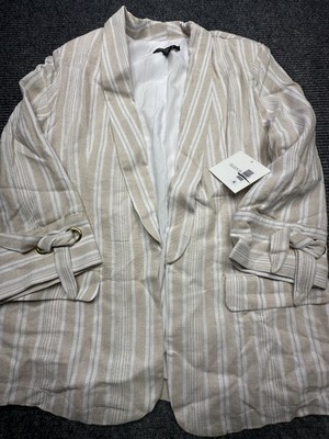 Ellen Tracy Blazer Womens Medium Linen Stripe Casual Lightweight Tie Sleeve Jack