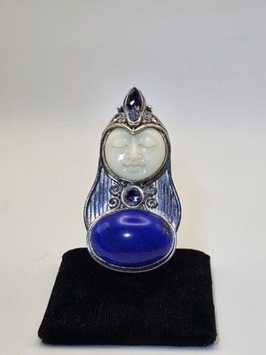 Rare Vintage SAJEN 925 Sterling Silver Carved Moon Goddess LAPIS and AMETHYST...