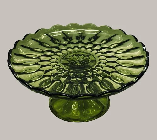 Vintage Anchor Hocking Fairfield Olive Green Pedestal Cake Stand  10 in [1860]