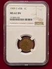 1909-S VDB Lincoln/Wheat Ears reverse Cent CERTIFIED NGC MS 62 BROWN 1c