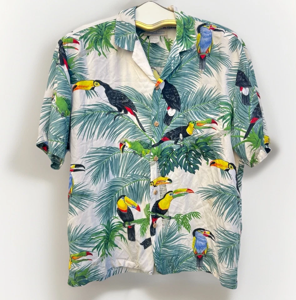 Hawaiian Rayon Shirt White Toucans Large Paradise Found Vintage Resortwear Beach - Image 1 of 4