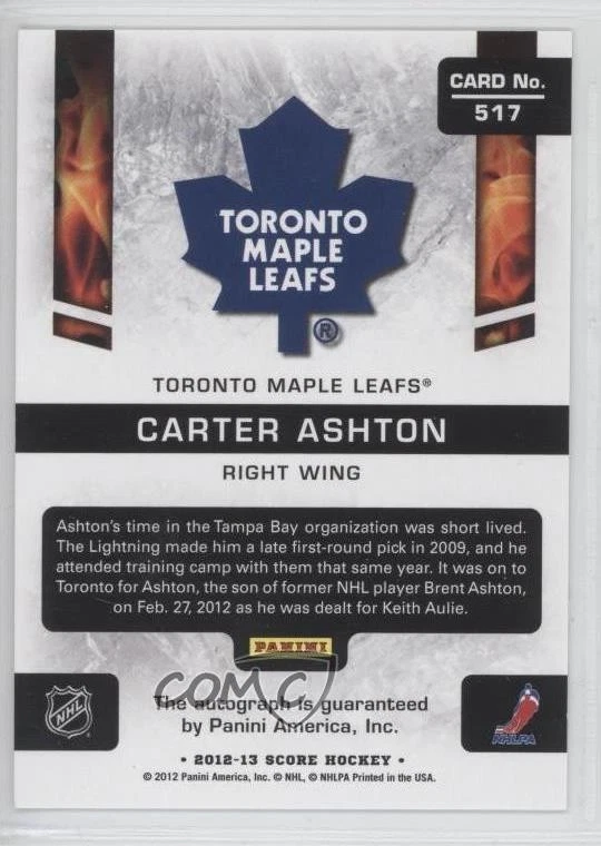 2012-13 Score Hot Rookies Signatures Carter Ashton #517 Rookie Auto RC - Image 2 of 2
