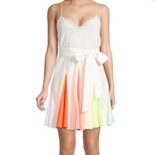 Alice + Olivia Kimmy Sleeveless Short Godet Dress White & Rainbow Size XS