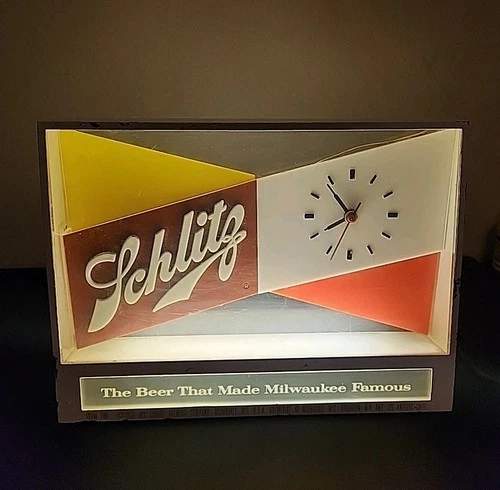 Vintage 1955 Schlitz Beer Bar Light-Up Advertising Clock Sign Desk