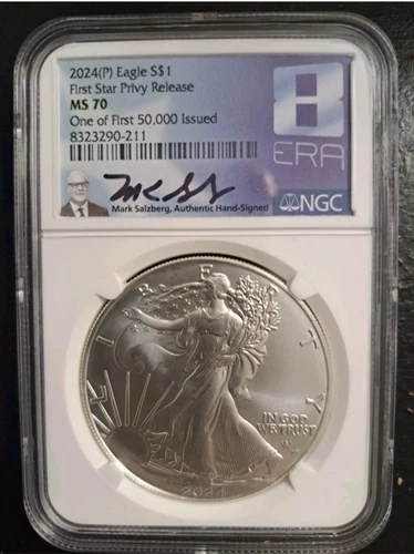 2024(P) SILVER EAGLE STAR PRIVY NGC MS70 FIRST 50K ISSUED MARK SALZBERG SIGNED