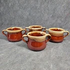 4 Vintage McCoy Pottery Chilli Chowder Soup Bowls Brown Drip Glaze Double Handle
