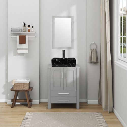 24\" Bathroom Vanity with Hand-painted Black Ceramic Sink set