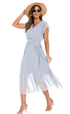 Womens light blue summer Wrap Maxi Dress Chiffon Cute V Neck Ruffle sleeve