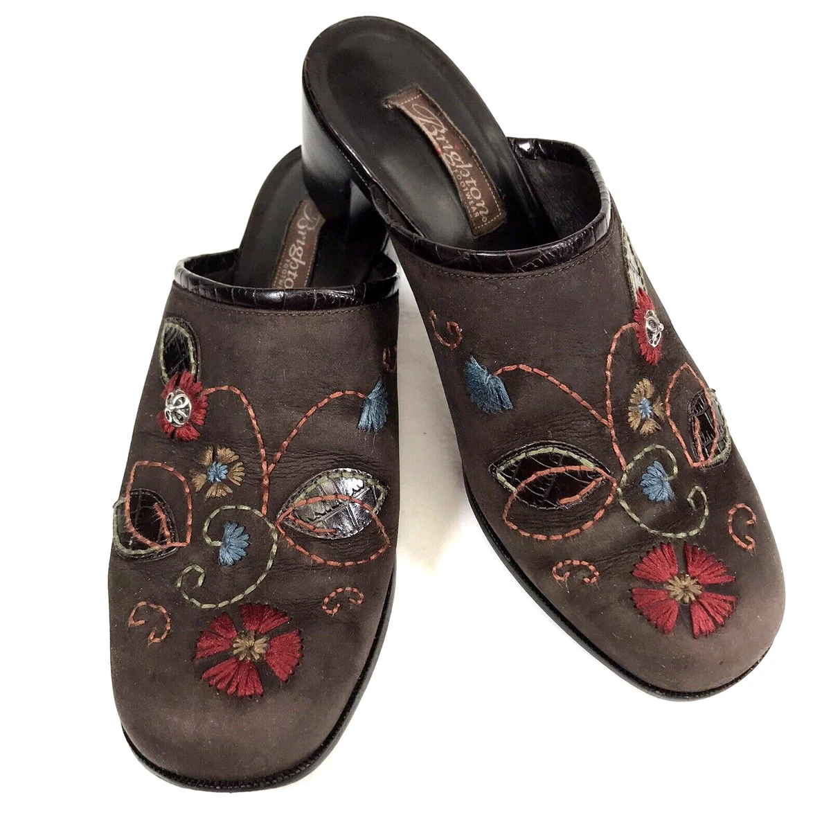 Brighton Fiona Mules Slides Brown Leather Embroidered Floral Nubuck Suede Sz 9.5