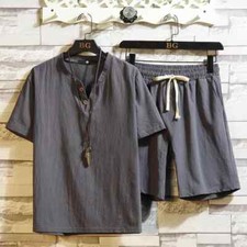 Men's Shorts Set Work Wear Sports Suits Cotton Linen Male T Shirt Short Sets