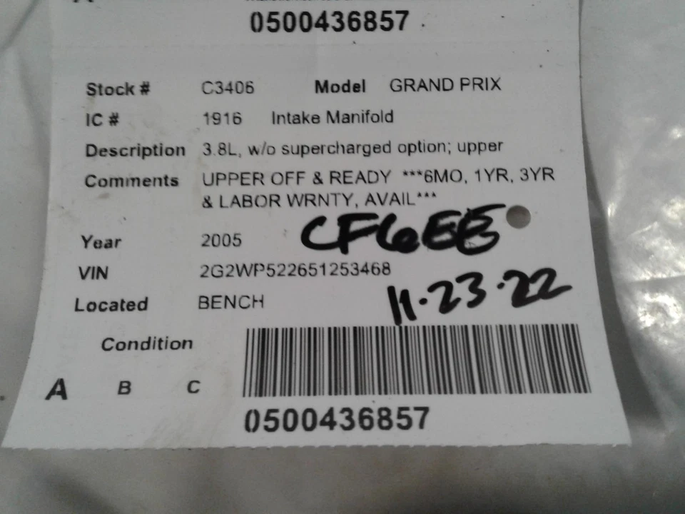 Used Upper Engine Intake Manifold fits: 2005 Pontiac Grand prix 3.8L upper Upper Foto 4 de 4