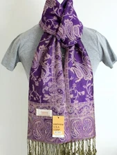 Women's Pashmina Scarf Shawl Purple Beige,Paisley.Silk Cashmere.Soft