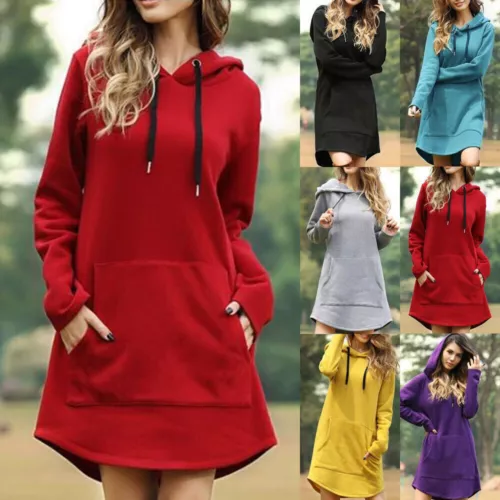 Womens Sweatshirt Hoodie Pullover Dress Pullover Tunic Women Long Solid Color UK - Picture 3 of 18