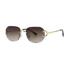 Oval Brown Gradient Tint Gold Frame Elegant Fashion Men's Rimless Sunglasses
