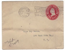 1908 New York NY Sta. W U412 Entire Small Envelope Carrier Auxiliary handstamps