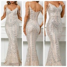 Silver, Backless, Cami, Fringe Sleeves, Contrast Sequined Mermaid Gown