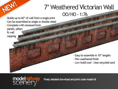 PRE-CUT 7' VICTORIAN RED BRICK LINESIDE WALL CARD KIT- OO SCALE FOR HORNBY KX006