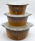 Vintage Pyrex Old Orchard Brown Casserole Set with Lids 473, 474 475