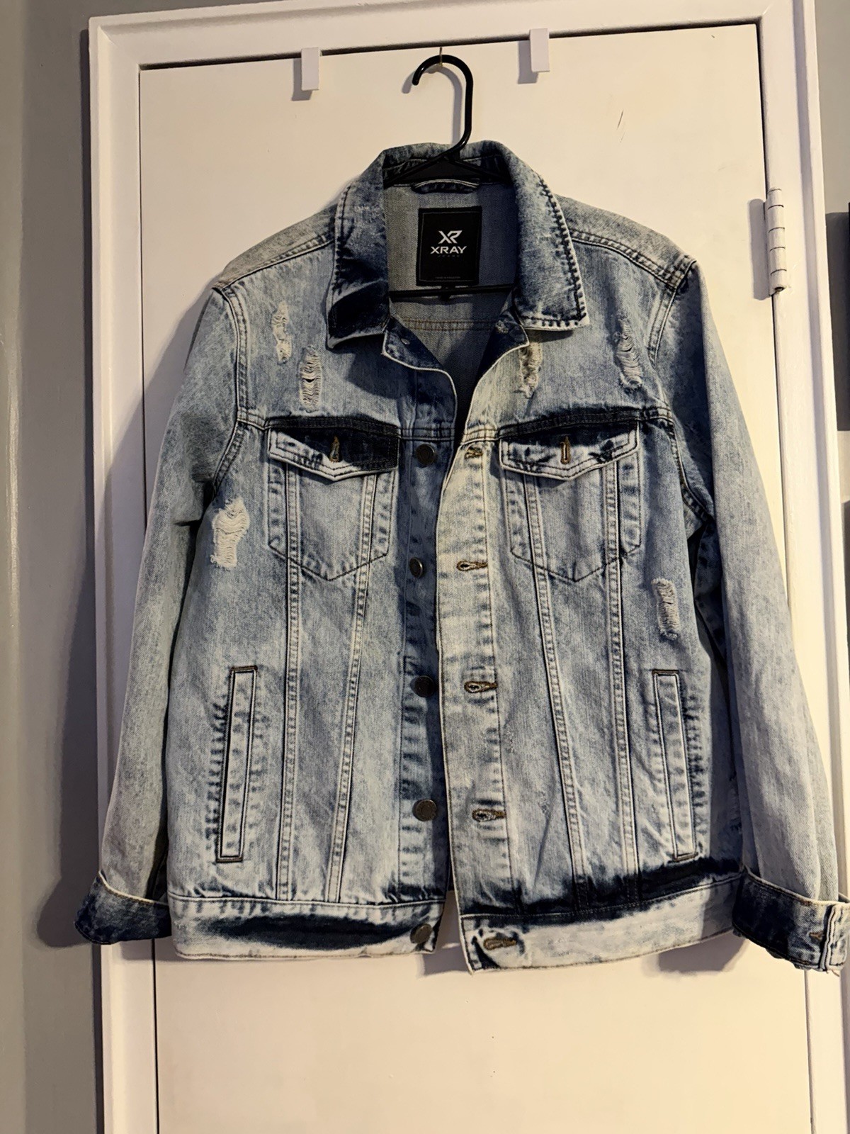 Jean Jacket X-Ray Size Large Distressed Denim Blue Jean Jacket Button Front Coat