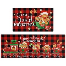 Merry Christmas Kitchen Rugs and Mats Set of 2,Buffalo Plaid Gingerbread Hot ...