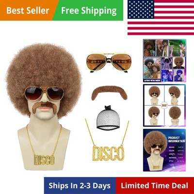70s Afro Wigs for Men Rocker Disco Party 5pcs Set Wig+ Glasses+ Disco Necklac...