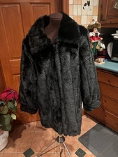 Dennis Basso Black Faux Mink Fur Full Zip Mid Length Coat Women's Size Large