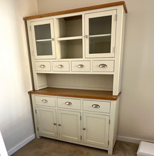 Cottage Beige Wood & Glass Kitchen Cabinet 137x46x189cm 5 Doors 6 Drawers