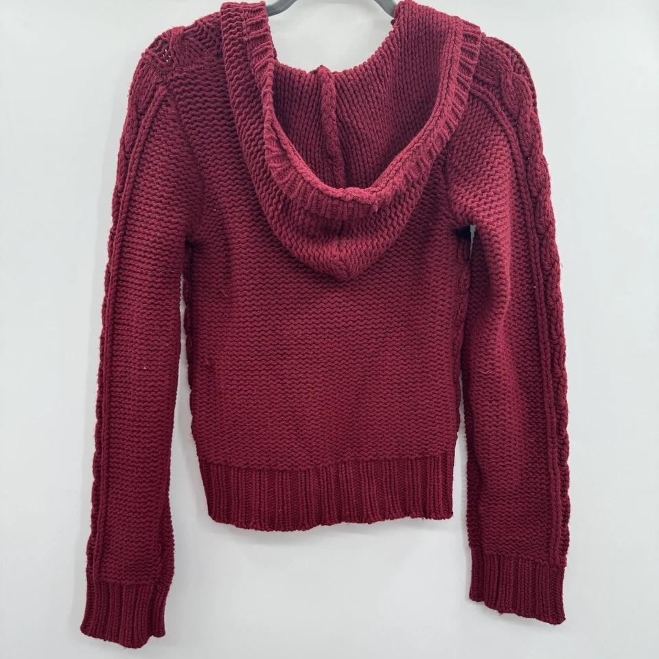 Hollister Y2K Wool Cable Knit Hoodie Sweater Sz L Dark Red Slim Preppy Grunge - Image 2 of 4