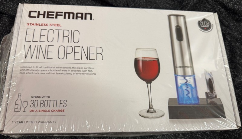New Chefman Electric Wine Bottle Opener Stainless Steel Cordless — Rechargeable