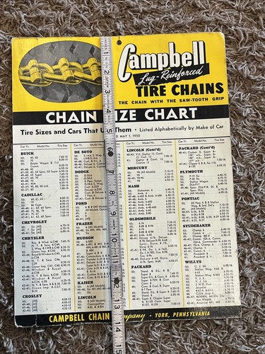 Insegna espositore tabella dimensioni pneumatici Campbell Chain Company vintage cartone 1950 - Foto 17 di 18