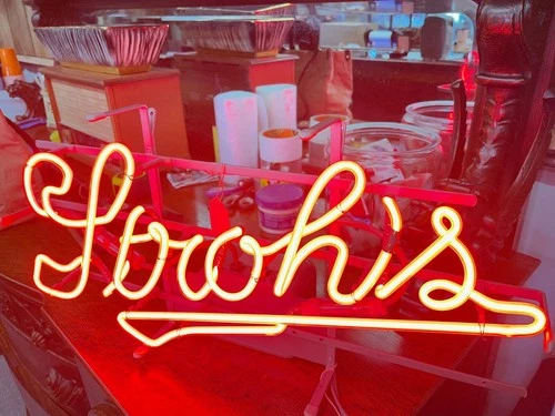 Vintage Stroh's Beer Neon Hanging Bar Light Sign 23" Everbrite 1988 Gas Tube Red