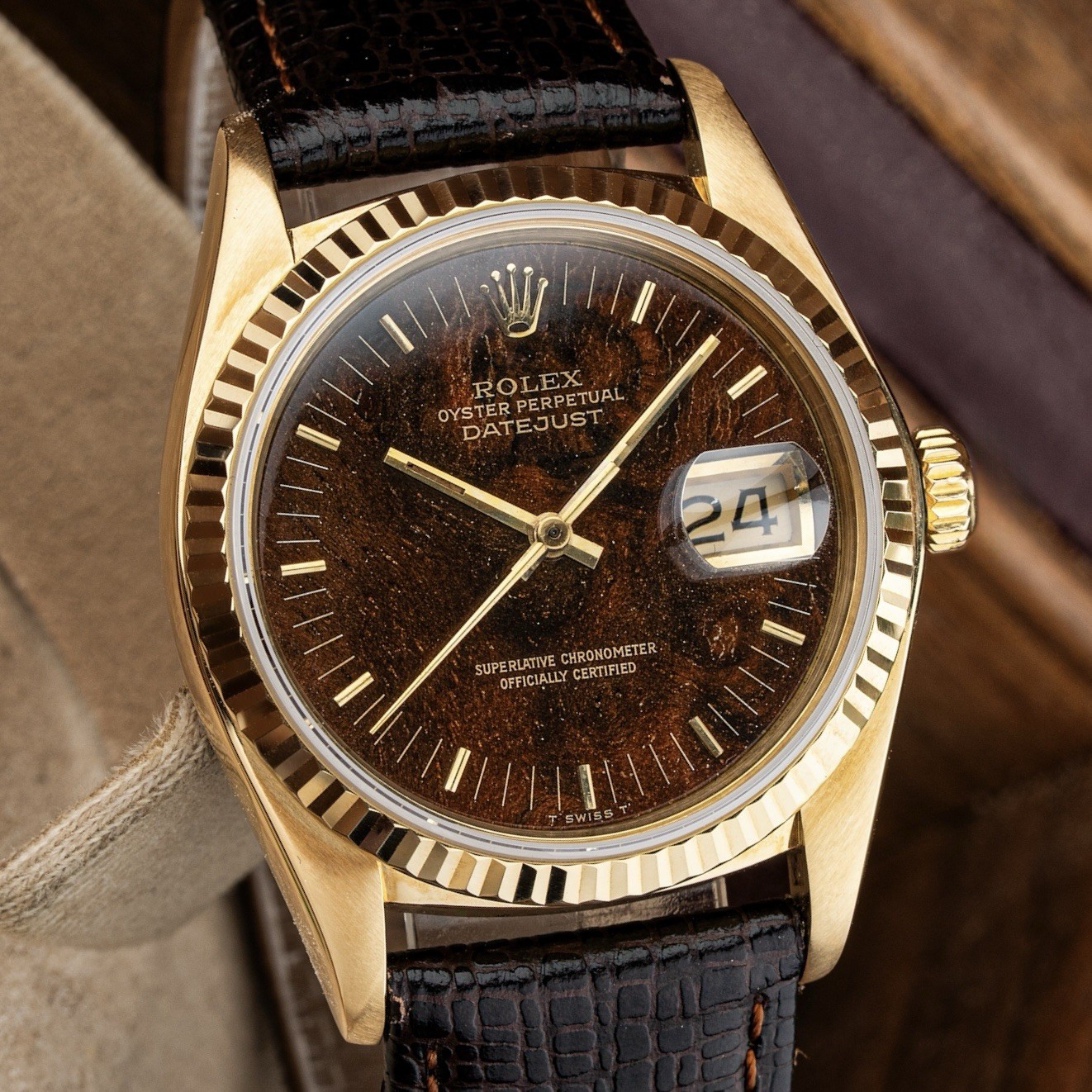 Rolex Datejust 36mm Rare Wood Dial 18k Yellow Gold Vintage 1983 Ref. 16018