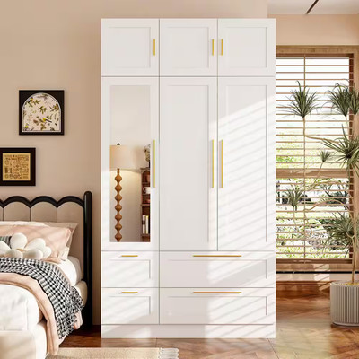 White Wood 47 In. W Armoire, Wardrobe with 4-Drawers, 6-Shelves, 1-Mirrored Door