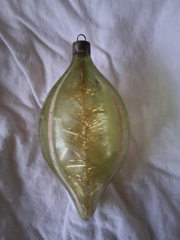 ANTIQUE VINTAGE Teardrop  Glass Christmas Ornament. WITH SHINY TINSEL INSERT