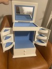 White Wood Jewelry Box w/ Mirror, Lined Blue Velvet Interior, 11 in, 25+ Pieces — photo 3