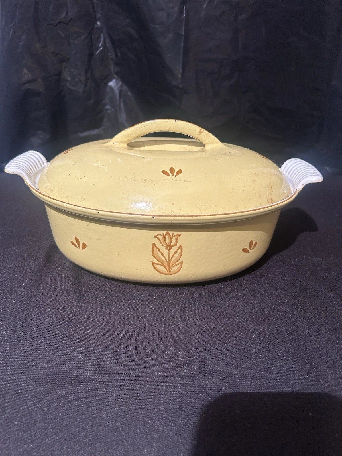 1950-70s Enameled Cast Iron Dutch Oven With Tulip Design By Dru Holland