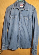 Wrangler Indigo Denim Shirt Mens Large Blue Button Up Pearl Snap Western Rodeo