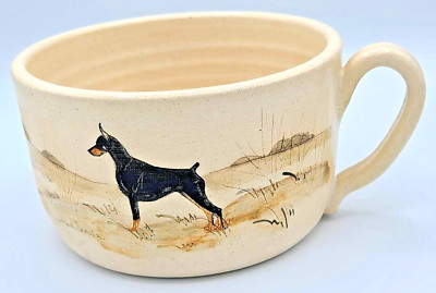 SIGNED! Studio Art Pottery Doberman Dоg Hand Painted Soup Mug 2004 Imagine this!