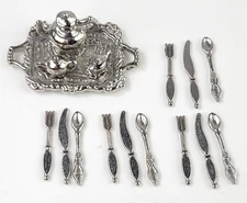 16 Pc Miniature Dollhouse Silverware and Tea Set Silver Metal Teapot Fork Spoon