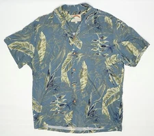 Paradise Found Mens Hawaiian Shirt L Green Floral Leaf Print Button Up Rayon 