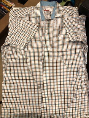 Marvelis Button Up Collared Shirt 17& 3/4  45 Blue Brown White S/S