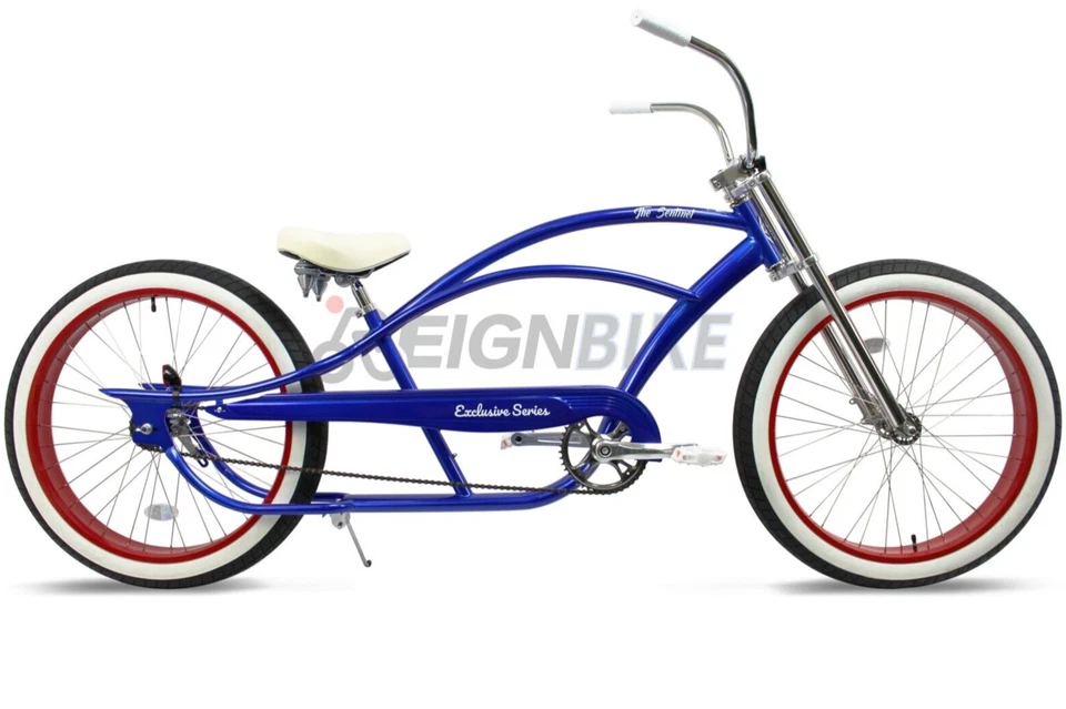 Bicicleta de crucero de playa elástica Fat Tires de 26" cuadro azul de una sola velocidad llanta roja Foto 3 de 4