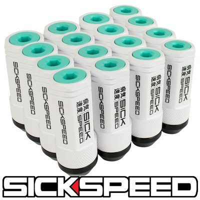 SICKSPEED 16PC WHITE/MINT GREEN CAPPED ALUMINUM 50MM 3 PC LUG NUTS 14X1.5 