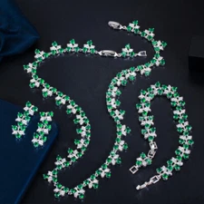 CZ Leaf Round Necklace Earrings Bracelet Silver Plated Green Banquet Jewelry Set