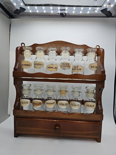 Vintage Wooden Spice Rack  2 Tier + Drawer Freestanding or Hanging w/  Bottles