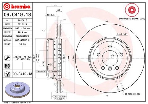 2x BRAKE DISC 09.C419.13 FOR BMW 5/E60/E61 N52B30A/BF/B N53B30A M57D30 N54B30 - Picture 2 of 9