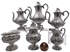 R. Wilson Coin Silver 6-Piece Tea & Coffee Set Architectural Castle Repousse