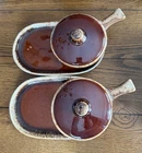 2 Hull Pottery Sandwich Soup Plate Brown Drip Glaze Snack Tray 2 Bowls W Handles