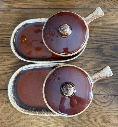 2 Hull Pottery Sandwich Soup Plate Brown Drip Glaze Snack Tray 2 Bowls W Handles